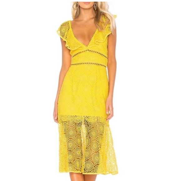 SAYLOR Dresses & Skirts - Saylor x Revolve Yellow Leilani Lace Midi Dress Size XS